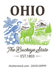 Ohio The Buckeye State - Estados Unidos Estado Cityscape T-shirt Vetor, Ícones americanos de referência, Vintage Estados Cityscape Camisa, Retro Travel City Art, Estados Landmark Citações, Estado de férias Ilustração