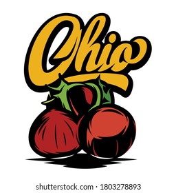 Ohio calligraphic inscription with chestnut. Colored vector illustration.