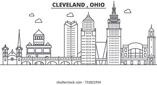 Ohio Cleveland architecture line skyline illustration. Linear vector cityscape with famous landmarks, city sights, design icons. Landscape wtih editable strokes