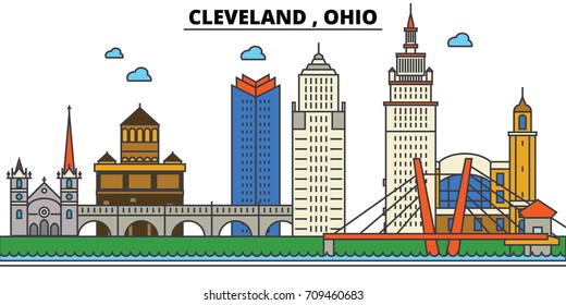 Ohio, Cleveland.City skyline: architecture, buildings, streets, silhouette, landscape, panorama, landmarks, icons. Editable strokes. Flat design line vector illustration concept.