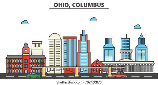 Ohio, Columbus.City skyline: architecture, buildings, streets, silhouette, landscape, panorama, landmarks, icons. Editable strokes. Flat design line vector illustration concept.