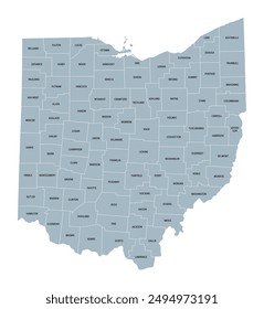 Ohio counties, gray political map with borders and county names. State in the Midwestern region of the United States, subdivided into 88 counties. Nicknamed Buckeye State, and Heart Of It All.