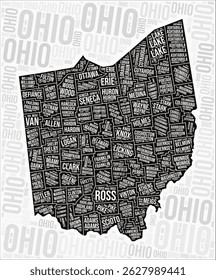 Ohio counties map word cloud. Ohio region names. Black and white map design. Vibrant vector illustration.
