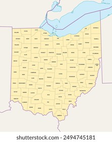 Ohio counties, political map with borders and county names. State in the Midwestern region of the United States, subdivided into 88 counties. Nicknamed Buckeye State, and Heart Of It All. Illustration