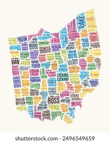 Nube de palabras del condado de Ohio. Diseño de logo estatal. Imagen de Vector de estilo de tipografía de condados. Nube de texto coloreada de Ohio. Una Ilustración vectorial increíble.