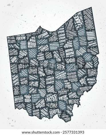 Ohio counties word clouds. State shape on textured background. Ohio design in typographic style. Beautiful vector illustration.