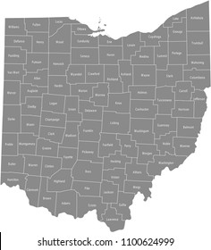 Antecedentes grises en el mapa del condado de Ohio. Mapa del estado de Ohio en EE.UU. con nombres de fronteras y condados etiquetados