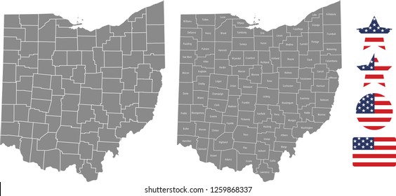 Ohio county map vector outline in gray background. Ohio state of USA map with counties names labeled and United States flag icon vector illustration designs