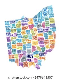 Ohio county word cloud. State shape design. Ohio colored illustration. County names collage cloud. Vector illustration.