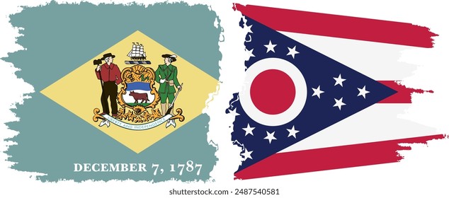 Ohio and Delaware states grunge brush flags connection, vector