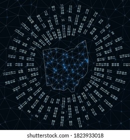 Ohio digital map. Binary rays radiating around glowing us state. Internet connections and data exchange design. Vector illutration.
