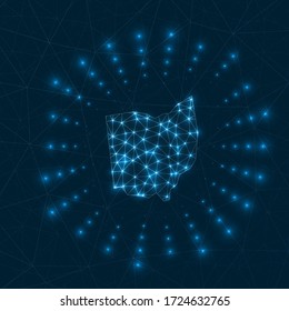 Ohio digital map. Glowing rays radiating from the US state. Network connections and telecommunication design. Vector illustration.