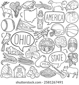 Ohio Doodle Icons Black and White Line Art. USA State Clipart Hand Drawn Symbol Design.