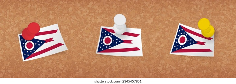 Ohio flag pinned in cork board, three versions of Ohio flag. Vector pushpins and flag set.