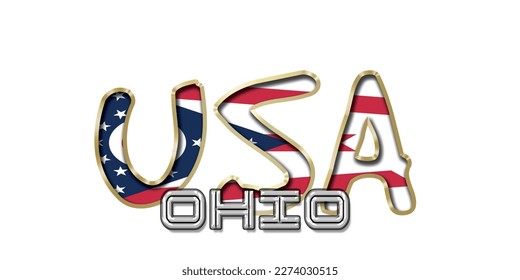 Bandera OHIO (EE.UU.) alfabeto de bombilla 3d con marco dorado aislado en fondo blanco. fuente de goteo lustroso dorado. Ilustración vectorial.