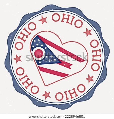 Ohio heart flag logo. US state name text around Ohio flag in the shape of a heart. Authentic vector illustration.