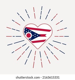 Ohio heart with flag of the US state. Sunburst around Ohio heart sign. Vector illustration.