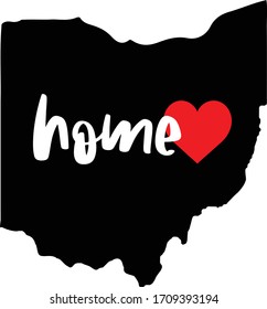 Ohio home state - black state map with Home written in white brush script text with a red heart. Isolated on white background