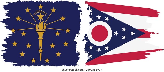 Ohio and Indiana states grunge brush flags connection, vector