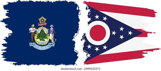 Ohio and Maine states grunge brush flags connection, vector