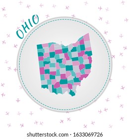 Ohio map design. Map of the US state with regions in emerald-amethyst color palette. Rounded travel poster to Ohio with US state name and airplanes background. Neat vector illustration.