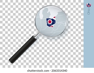 Ohio map with flag in magnifying glass on transparent background. Vector loupe with map.