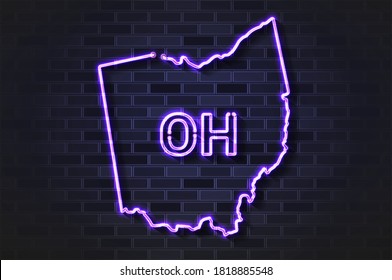 Lámpara de neón brillante Ohio map o tubo de vidrio. Ilustración vectorial realista. Muro de ladrillo negro, sombra suave.