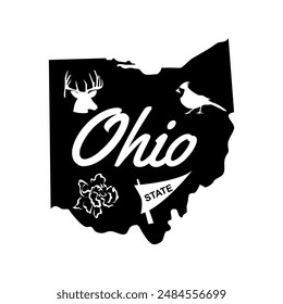 Mapa de Ohio e iconos de la Ilustración vectorial del Clipart estatal. Mapa de Ohio en blanco y negro.