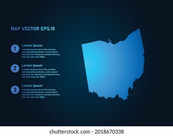 OHIO map, infographic style , on dark background with Map World. Wire frame 3D mesh , map 3D,