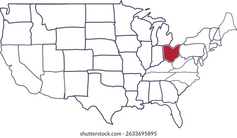 Karte von Ohio in Rot, Karte von Amerika, die den Bundesstaat Ohio zeigt