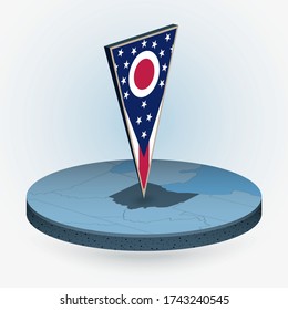 Ohio map in round isometric style with triangular 3D flag of US State Ohio, vector map in blue color.