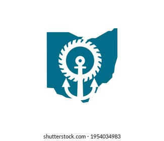 Ohio map with saw and anchor as negative space