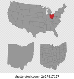 Mapa de Ohio definido com localização dos EUA, contorno limpo e desagregação completa do condado.