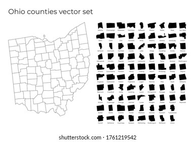 Mapa de Ohio con formas de regiones. Mapa vectorial en blanco del estado de EEUU con condados. Fronteras del estado de estados unidos para su infografía. Ilustración vectorial.