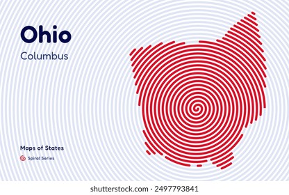 Ohio Map in Spiral Formation: Columbus Takes Center Stage. Fingerprint and stripes pattern. American states maps.