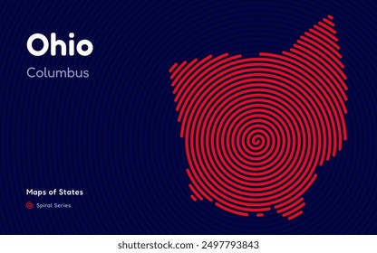 Mapa de Ohio en formación espiral: Columbus toma el centro de la escena. Huella digital y patrón de rayas. Mapas de estados americanos.