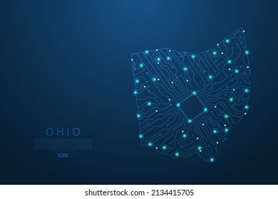 Ohio Map - United States of America Map vector with Abstract futuristic circuit board. High-tech technology mash line and point scales on dark background - Vector illustration ep 10 