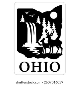 Ohio Nature Stencil for Laser Cutting with Deer, Forest, and Waterfall Silhouette Design