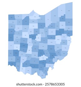 Ohio, OH - detailed political map of US state. Administrative map divided into counties. Blue map with county name labels. Vector illustration