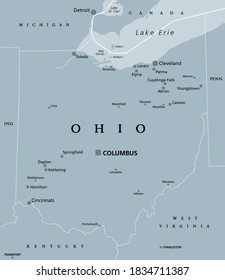 Ohio, OH, graue politische Karte. Bundesstaat in der Region East North Central im Mittleren Westen der Vereinigten Staaten. Hauptstadt Columbus. Der Buckeye-Zustand. Geburtsort der Luftfahrt. Das Herz von allem. Illustration. Vektorgrafik