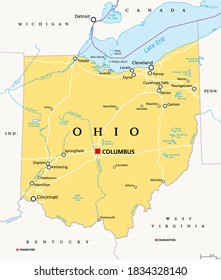 Ohio, OH, Political Map. State In East North Central Region Of Midwestern United States Of America. Capital Columbus. The Buckeye State. Birthplace Of Aviation. Heart Of It All. Illustration. Vector.