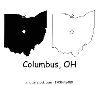 Ohio OH state Map USA with Capital City Star at Columbus. Black silhouette and outline isolated on a white background. EPS Vector