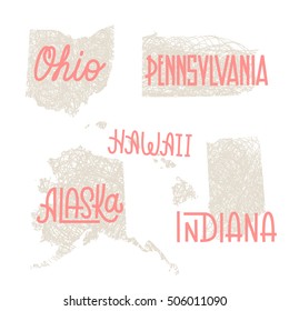 Ohio, Pennsylvania, Hawaii, Alaska, Indiana USA state outline art with custom lettering for prints and crafts. United states of America wall art of individual states