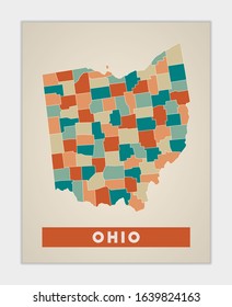 Ohio poster. Map of the US state with colorful regions. Shape of Ohio with US state name. Powerful vector illustration.