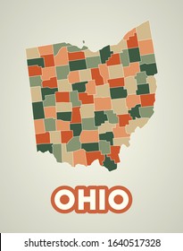 Ohio poster in retro style. Map of the US state with regions in autumn color palette. Shape of Ohio with US state name. Vibrant vector illustration.