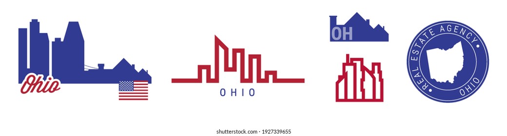 Ohio real estate agency. US realty emblem icon set. Flat vector illustration. American flag colors. Big city and suburbs. Simple silhouette map in the round seal stamp.