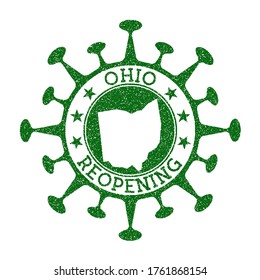Ohio Reopening Stamp. Green round badge of US state with map of Ohio. US state opening after lockdown. Vector illustration.
