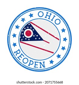 Ohio Reopening Stamp. Round badge of US State with the flag of Ohio. Reopening after lockdown sign. Vector illustration.