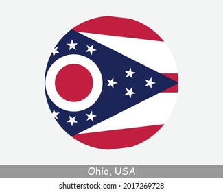 Ohio Round Circle Flag. OH USA State Circular Button Banner Icon. Ohio United States of America State Flag. The Buckeye State, Birthplace of Aviation, The Heart of It All, EPS Vector