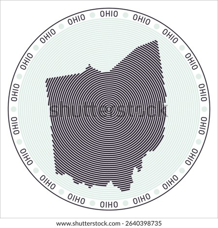 Ohio round logo design. State shape build of rings. Ohio text around the state. Vector Illustration.